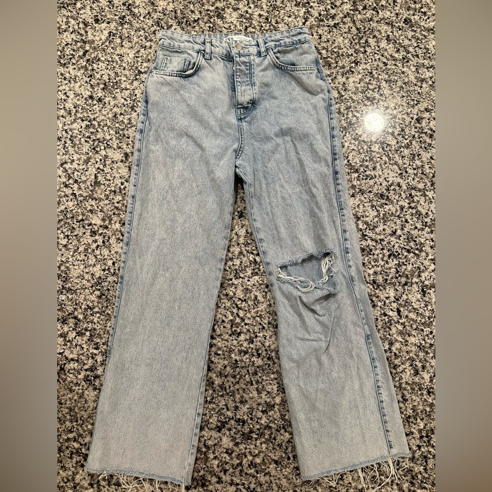 Zara Ripped Straight Leg High Rise Jeans